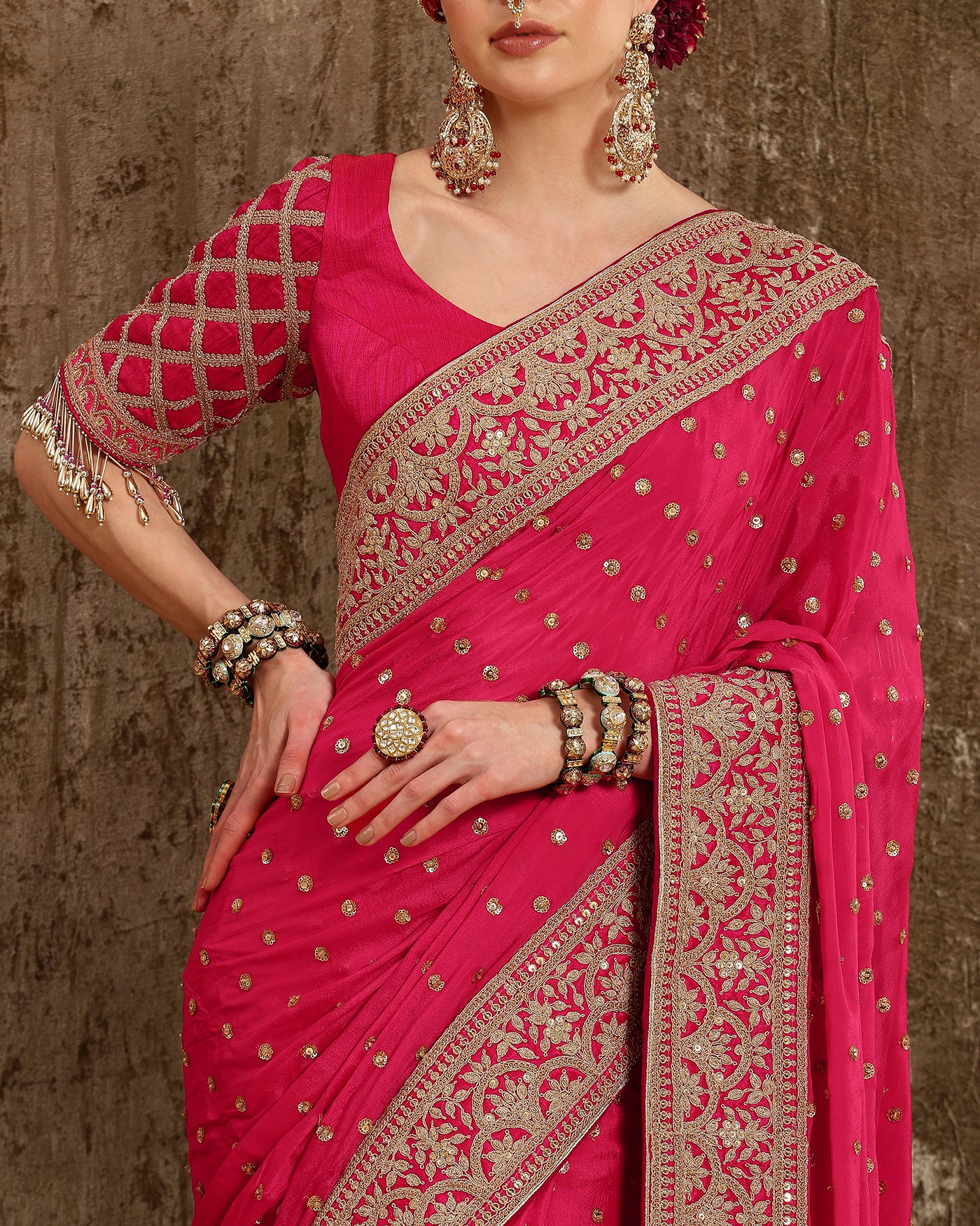 Fuchsia Pink Chinon Saree Saree & Blouse Set