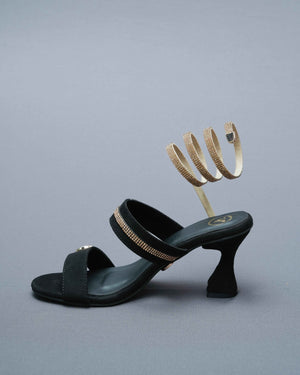 Open Toe Black Heels with Champagne Gold Spring
