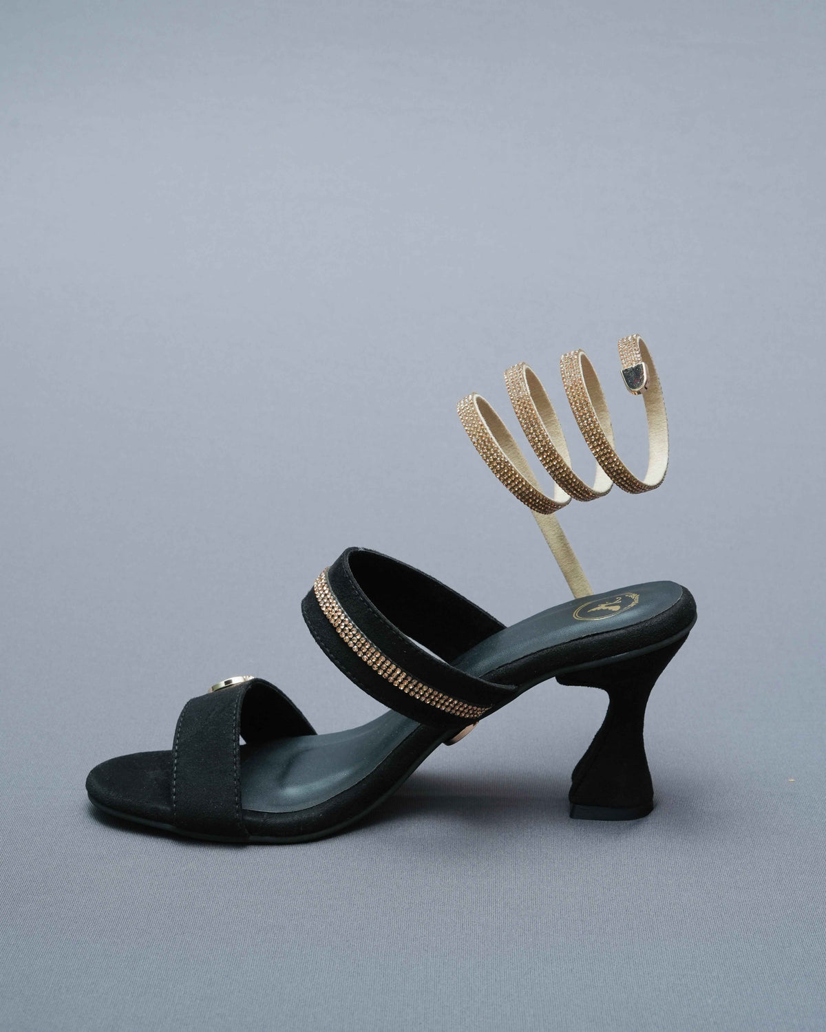 Open Toe Black Heels with Champagne Gold Spring