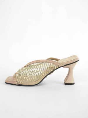 Gold Open Toe Shark Net Studed Heels