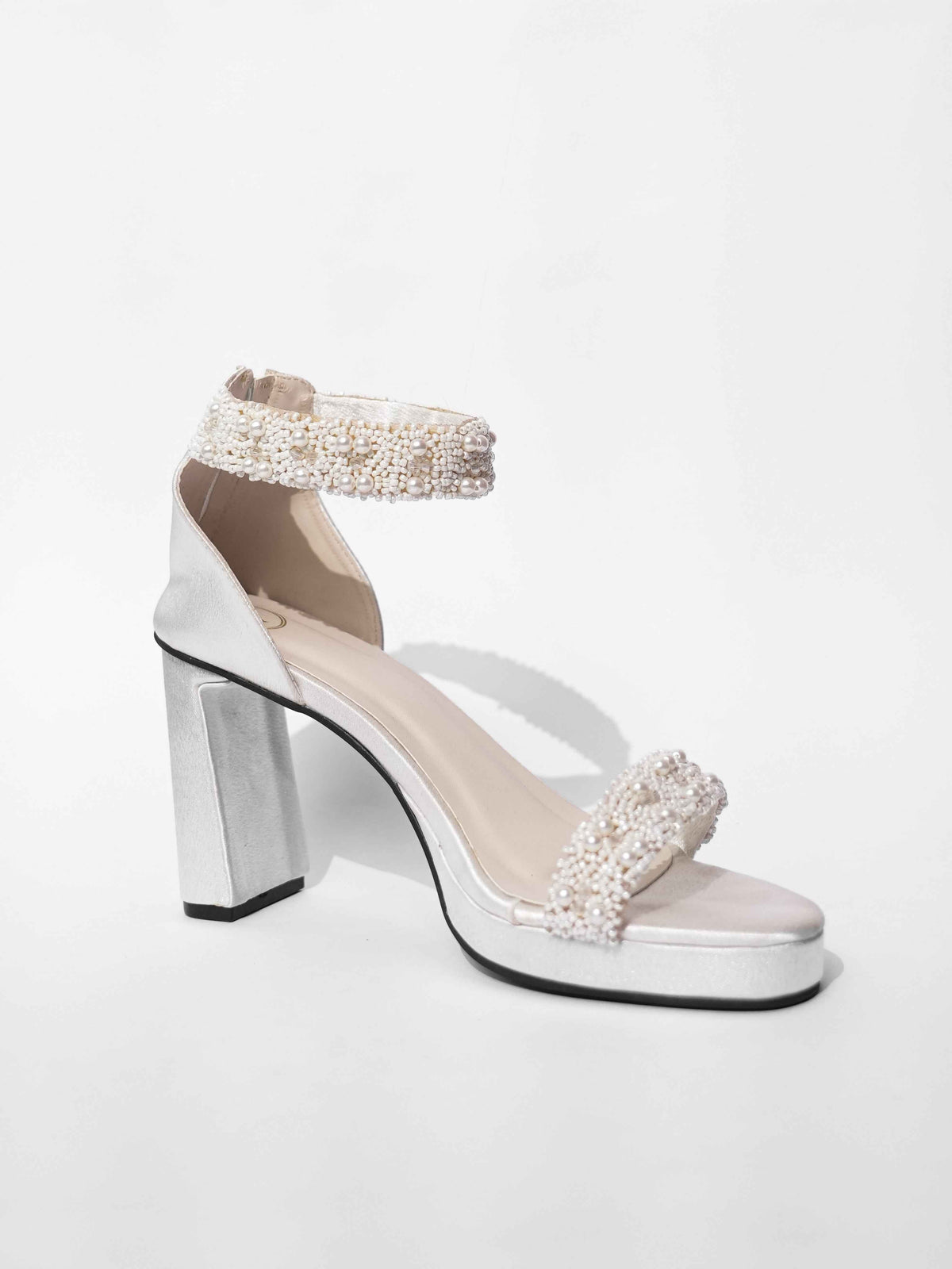 White Open Toe Narrow Fit Kushi Pearls Elevated Heels