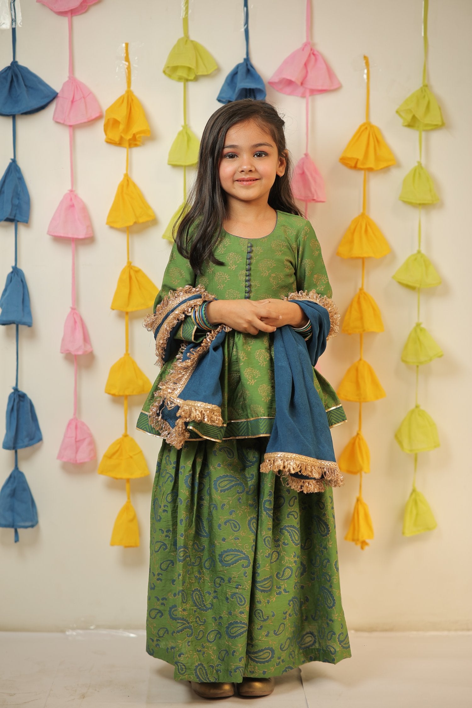 Green Block Printed Kurta With Sharara And Dupatta Set