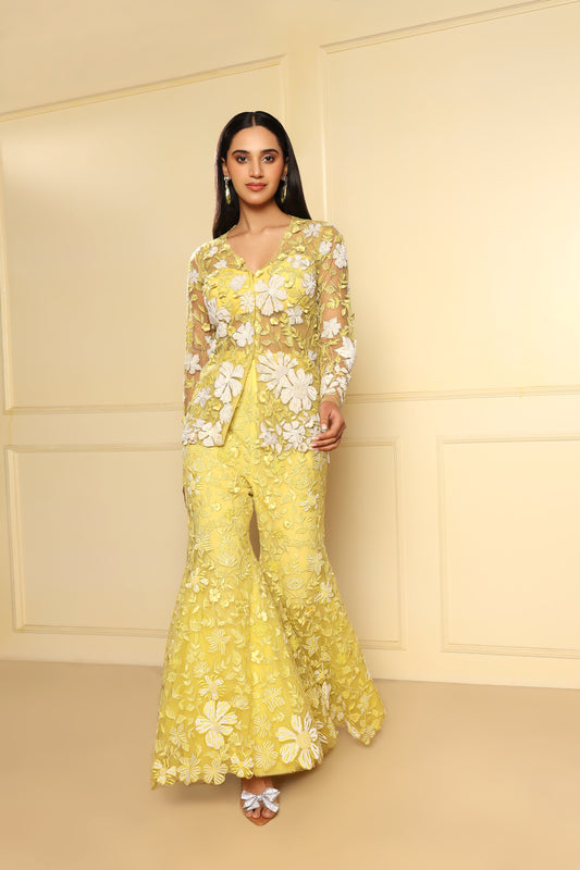 Yellow And Ivory Flower Fully Embroidered Sharara Set