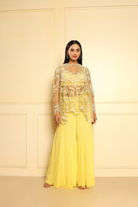 Yellow Embroidered Cape With Sharara