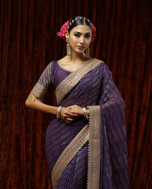 Purple & Rani Pink Saree & Blouse Set