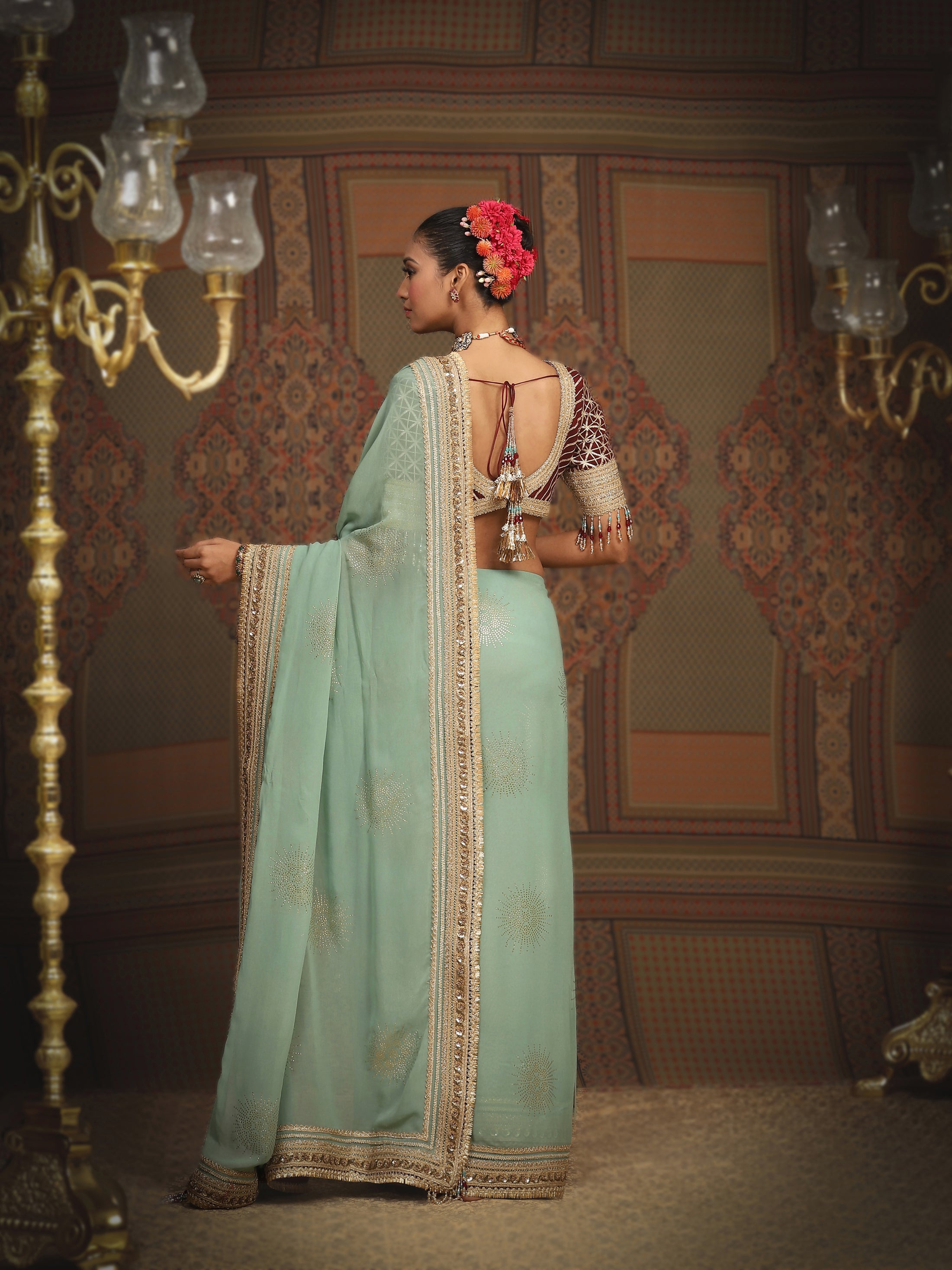 Dusty Light Turquoise Green And Maroon Saree & Blouse Set