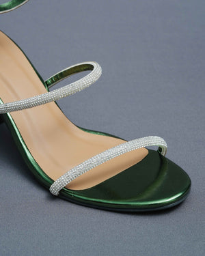 Faux Leather Open Toe Green Spring Heels