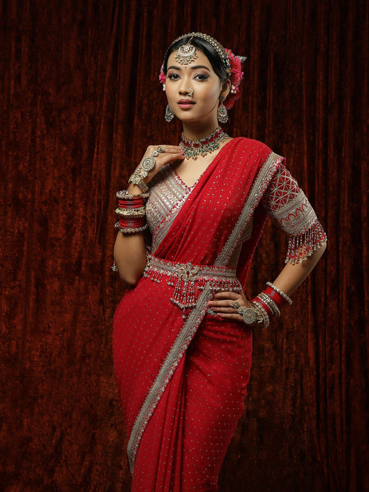 Crimson Red & Rani Saree, Blouse & Belt Set