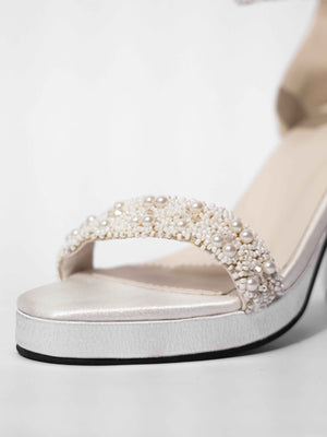 White Open Toe Narrow Fit Kushi Pearls Elevated Heels