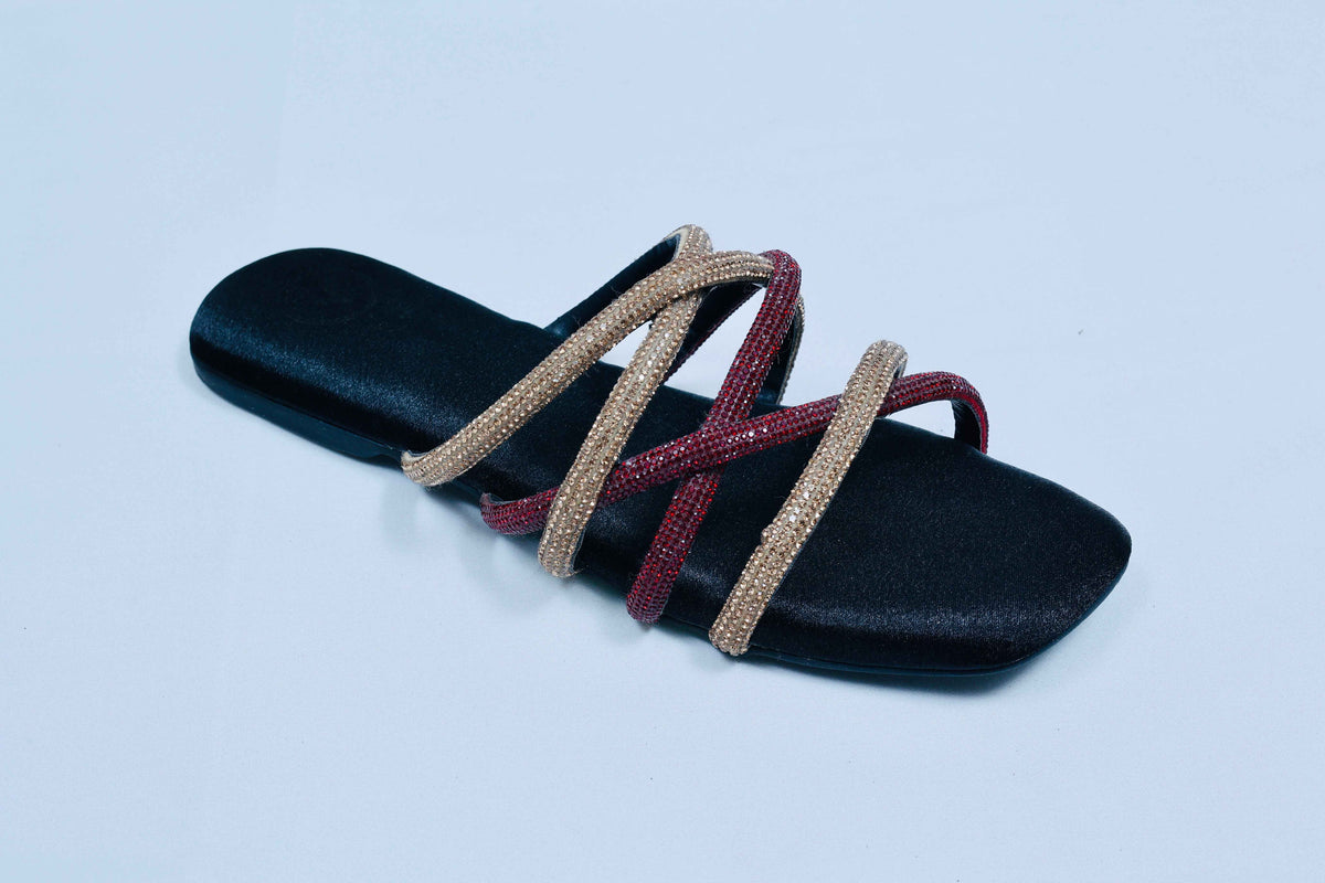 Red & Black Multi string Open Toe Flats