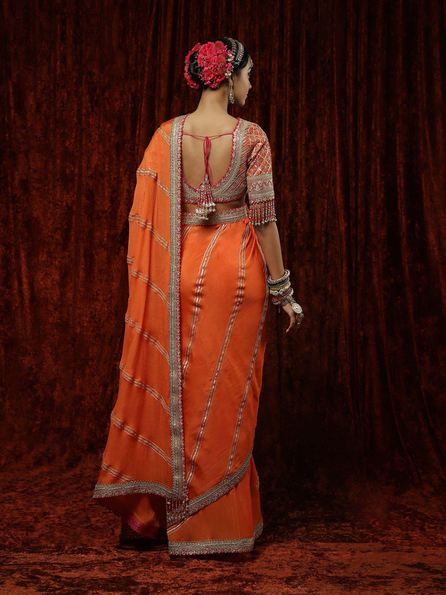 Orange & Rani Gota Leheriya Saree & Blouse Set