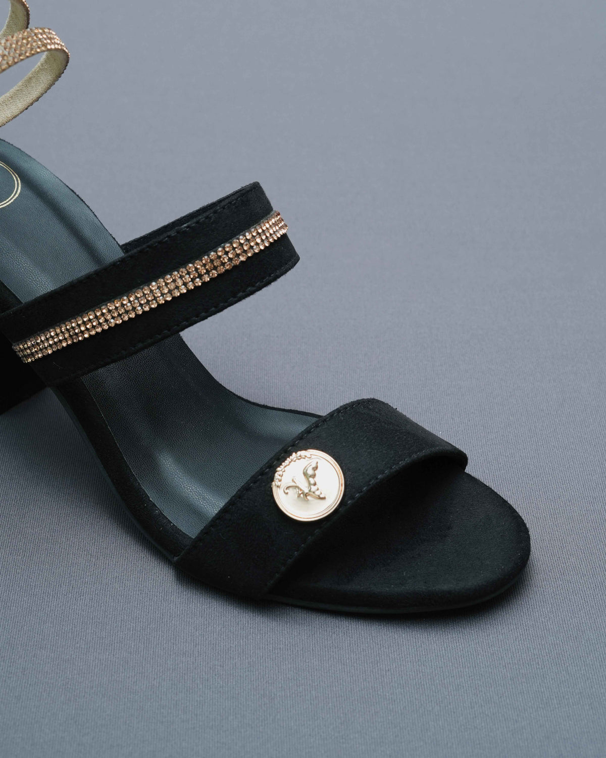 Open Toe Black Heels with Champagne Gold Spring