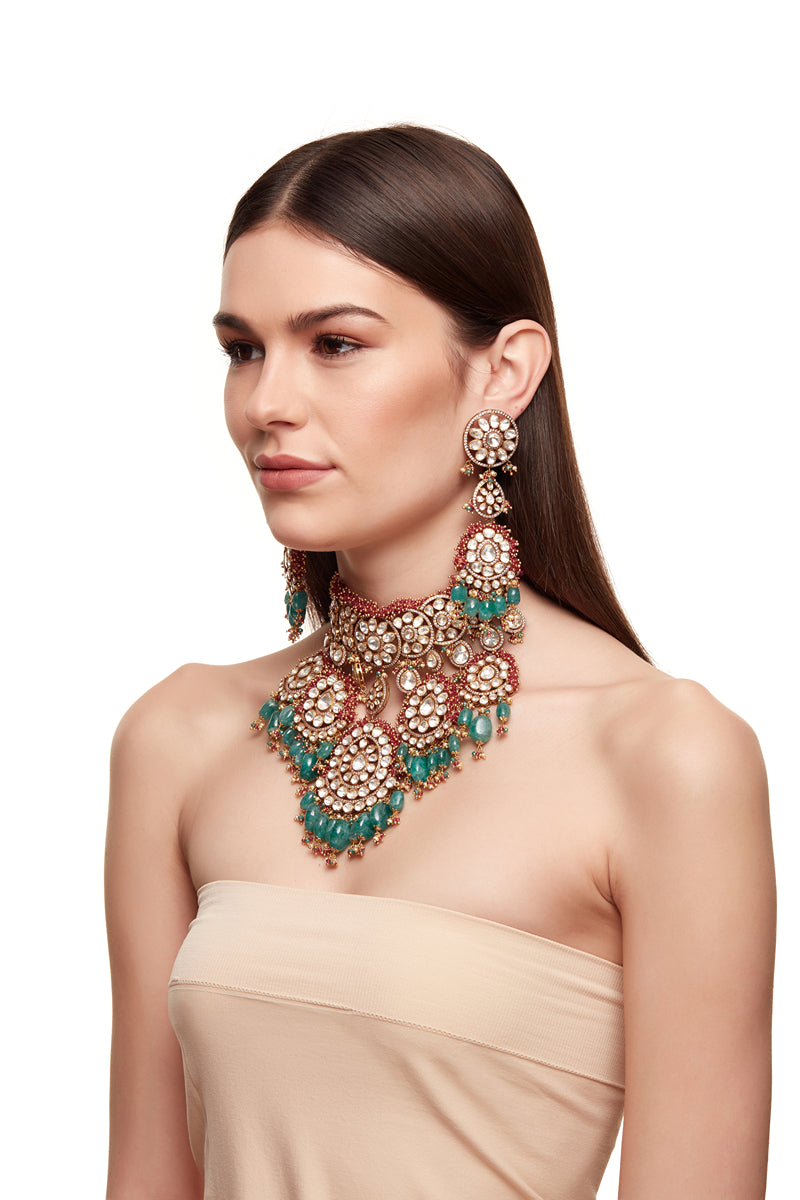 Pink And Green Open Polki Bridal Set