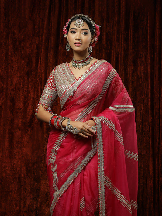 Rani & Red Organza Gota Leheriya Saree & Blouse Set