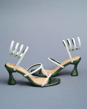 Faux Leather Open Toe Green Spring Heels