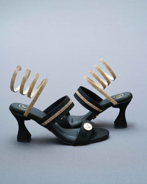 Open Toe Black Heels with Champagne Gold Spring