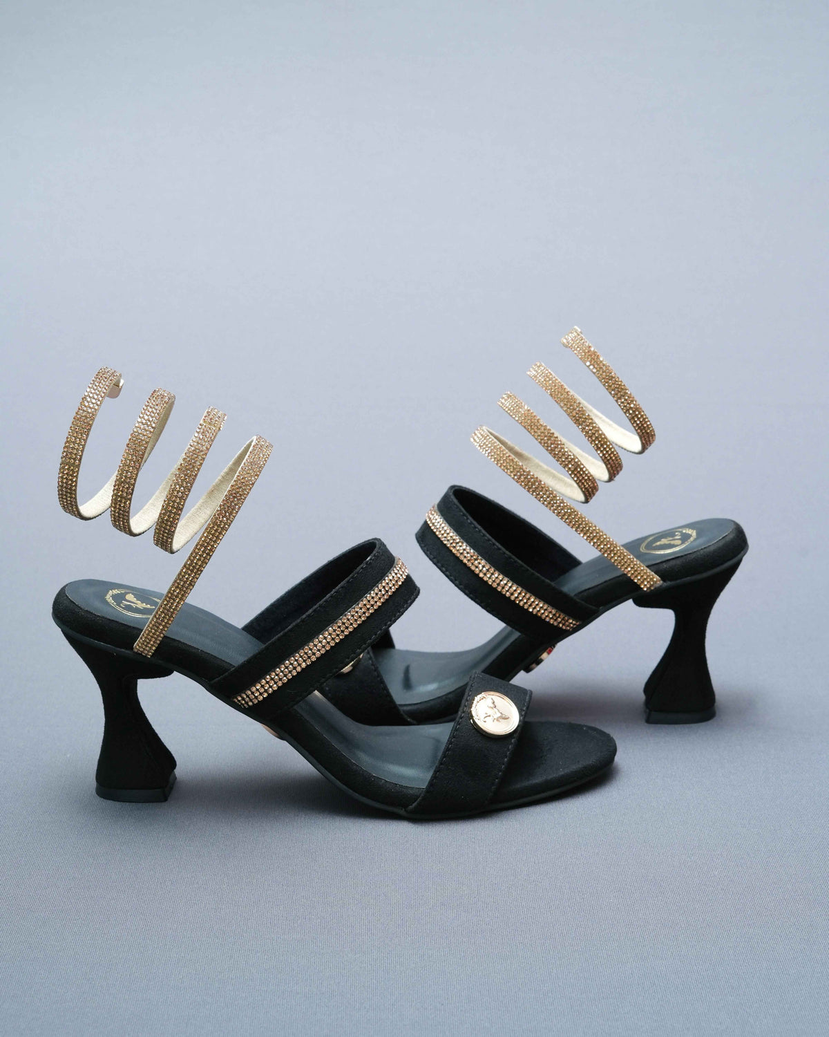 Open Toe Black Heels with Champagne Gold Spring