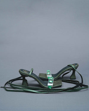 Open Toe Faux Leather Green Stones Tie Up Heels