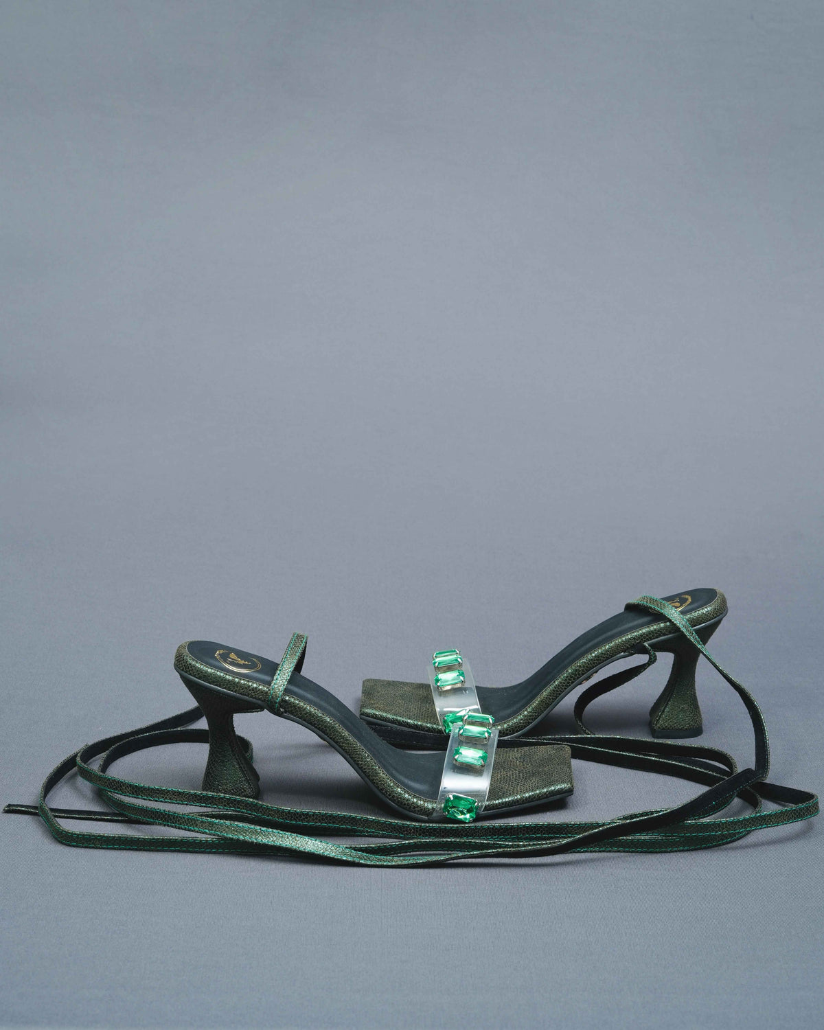 Open Toe Faux Leather Green Stones Tie Up Heels