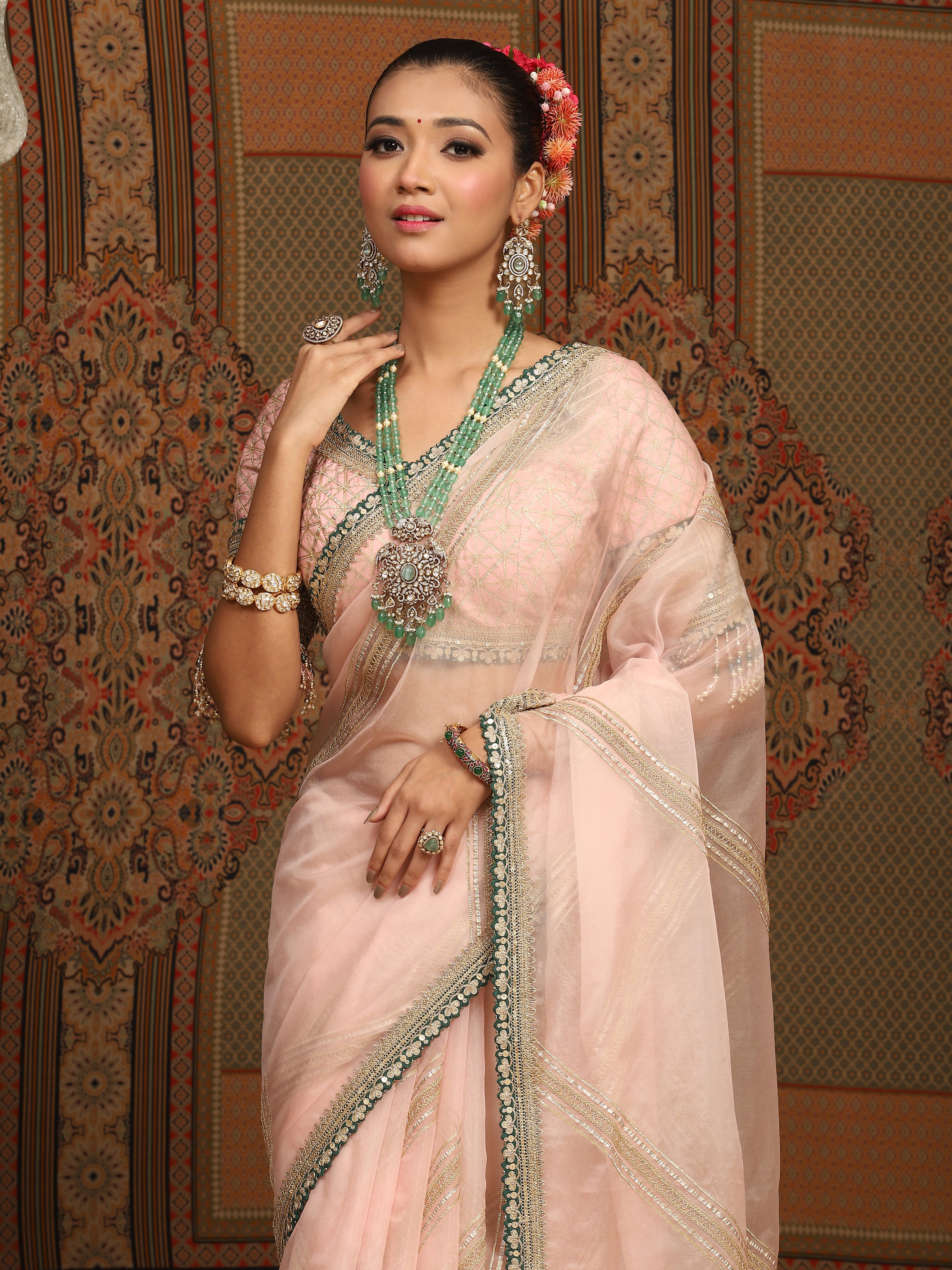 Emerald Jewellery Hot Pink Lehenga With Green Jewellery Baby Pink