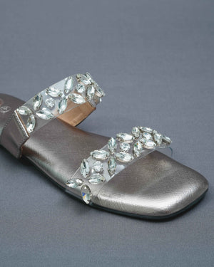 Open Toe Faux Leather Silver Carats Flats