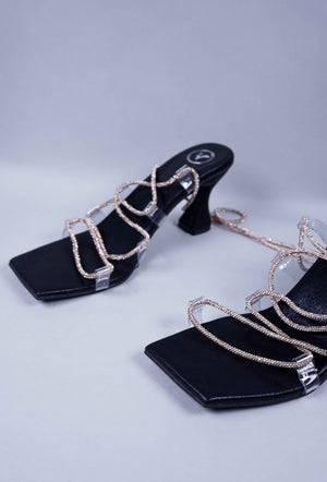 Black Stringy Shoe Lace Heel Sandal