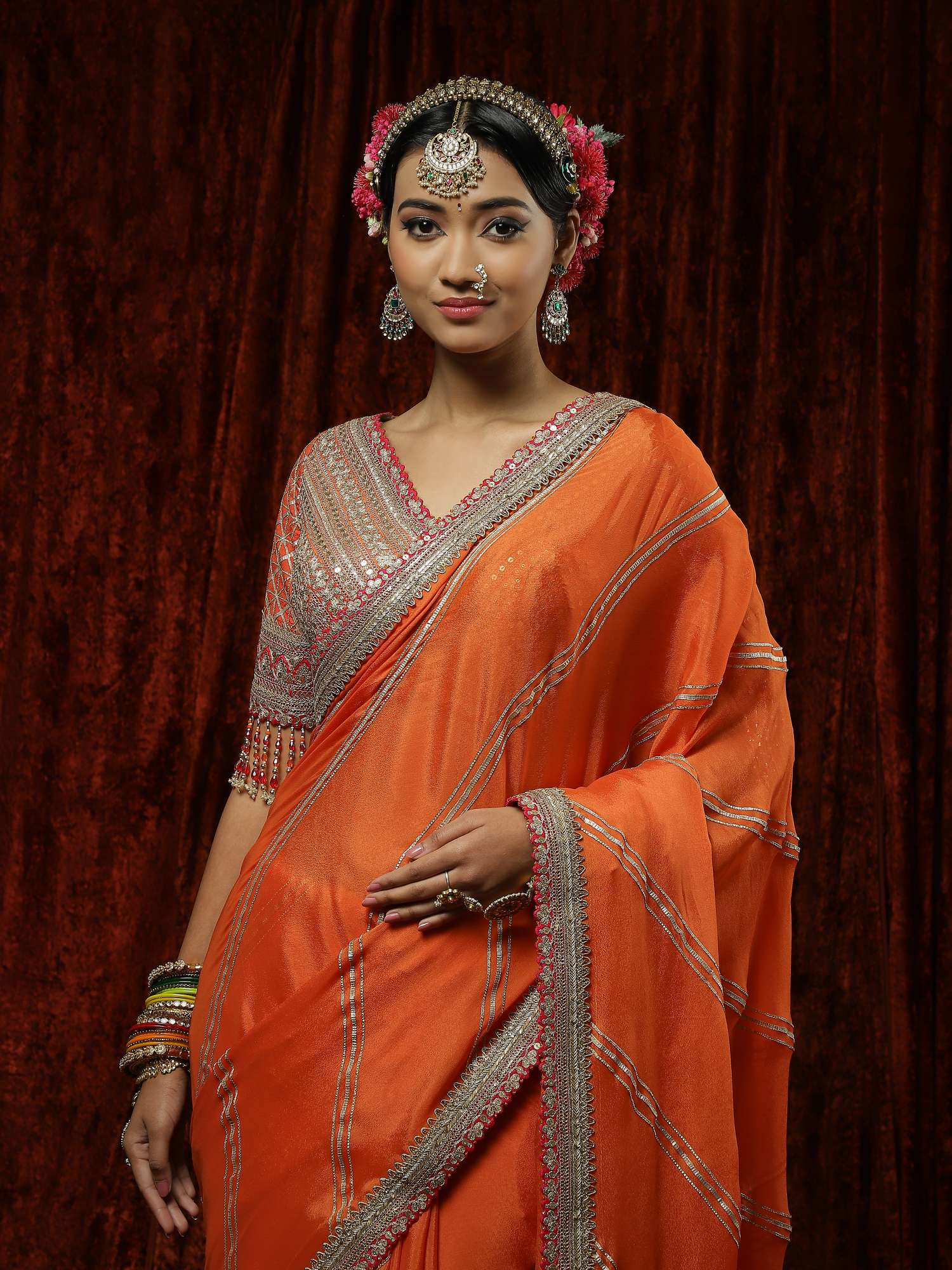 Orange & Rani Gota Leheriya Saree & Blouse Set