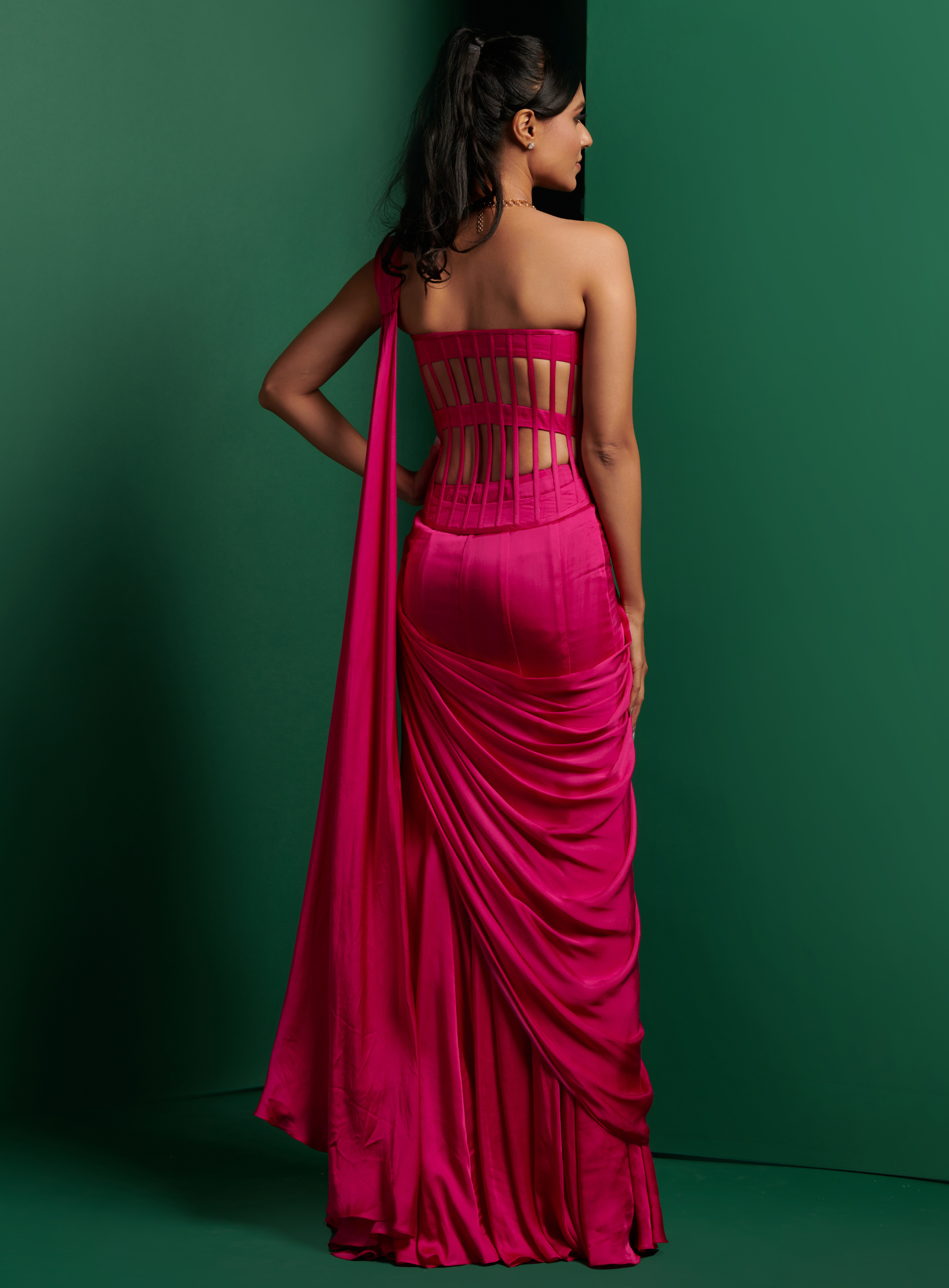 Hot Pink Longline Cutout Torso Corset With Drape Saree