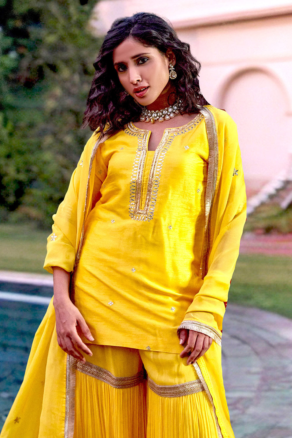 Yellow Silk Georgette Embroidered Sharara Set
