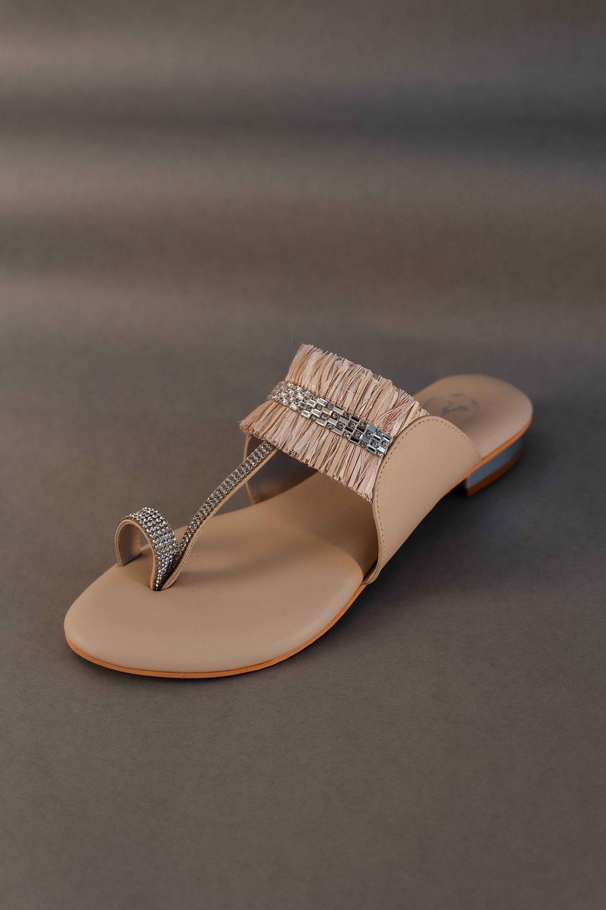 Beige Stringy Kolhapuri Open Toe Kitten Heel Sandal