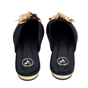 Women Floral Embroidered Black Buns & Roses Kitten Heel