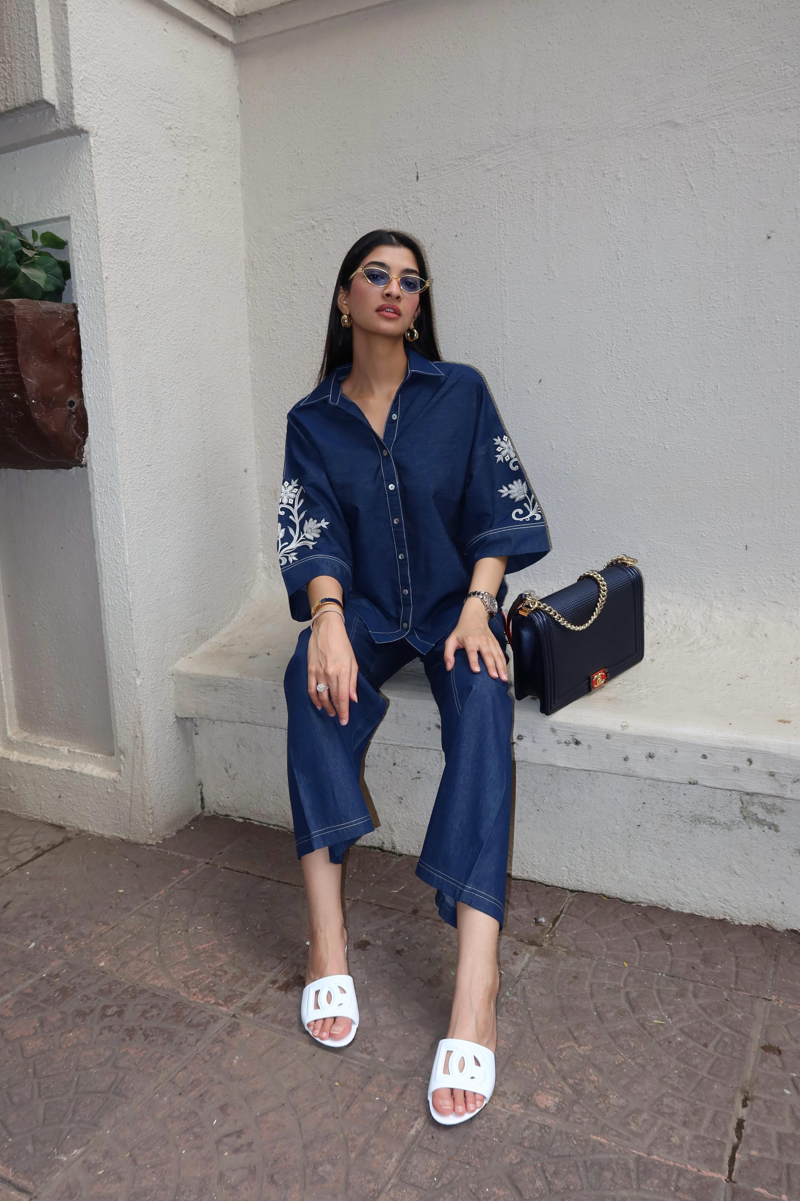 Noor Denim Embroidered Coord Set- Inching India