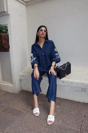 Noor Denim Embroidered Coord Set- Inching India