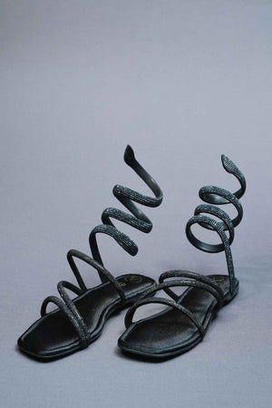 Open Toe Vegan Suede Black Panther Flats