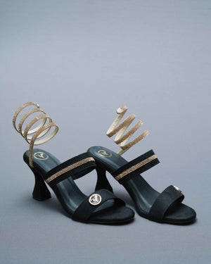 Open Toe Black Heels with Champagne Gold Spring