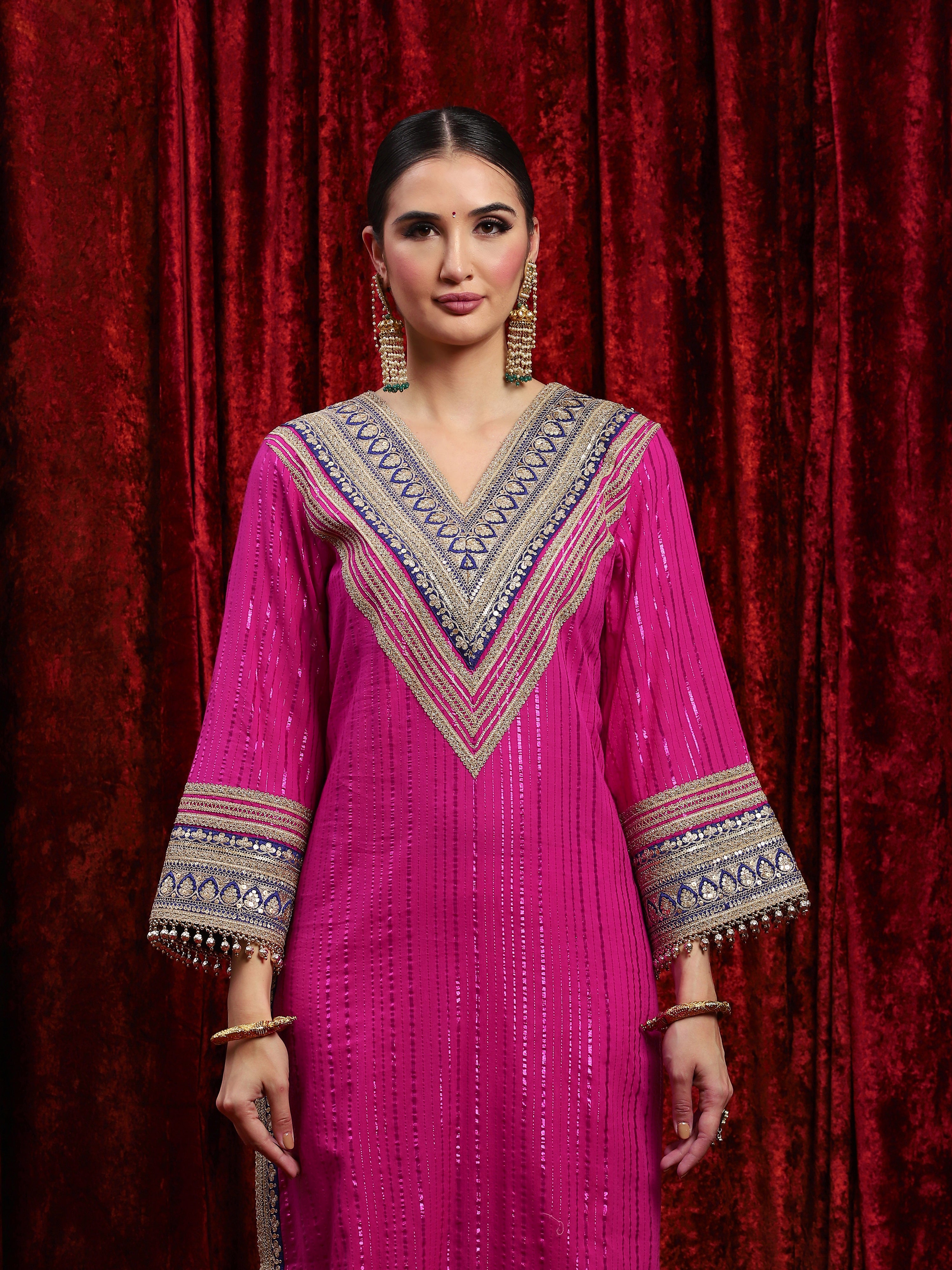 Rani Pink & Electric Blue Kurta Pant Dupatta Set