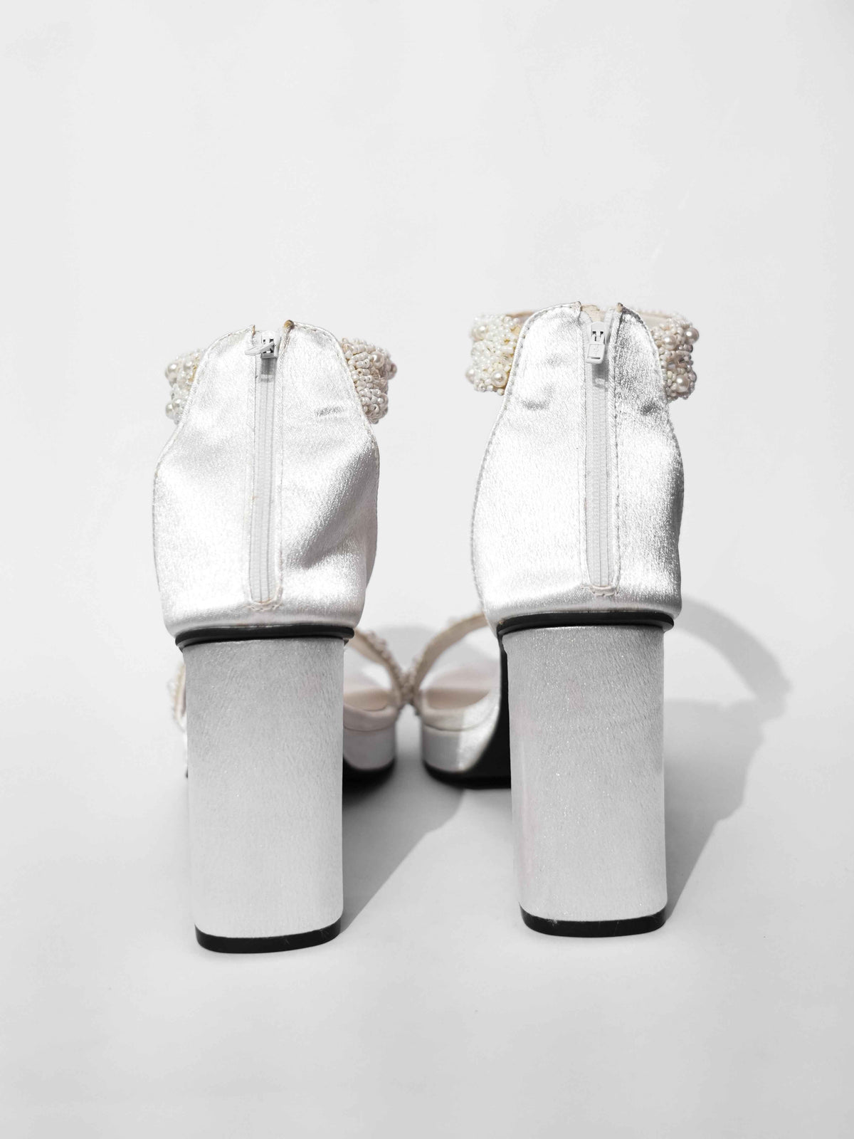 White Open Toe Narrow Fit Kushi Pearls Elevated Heels