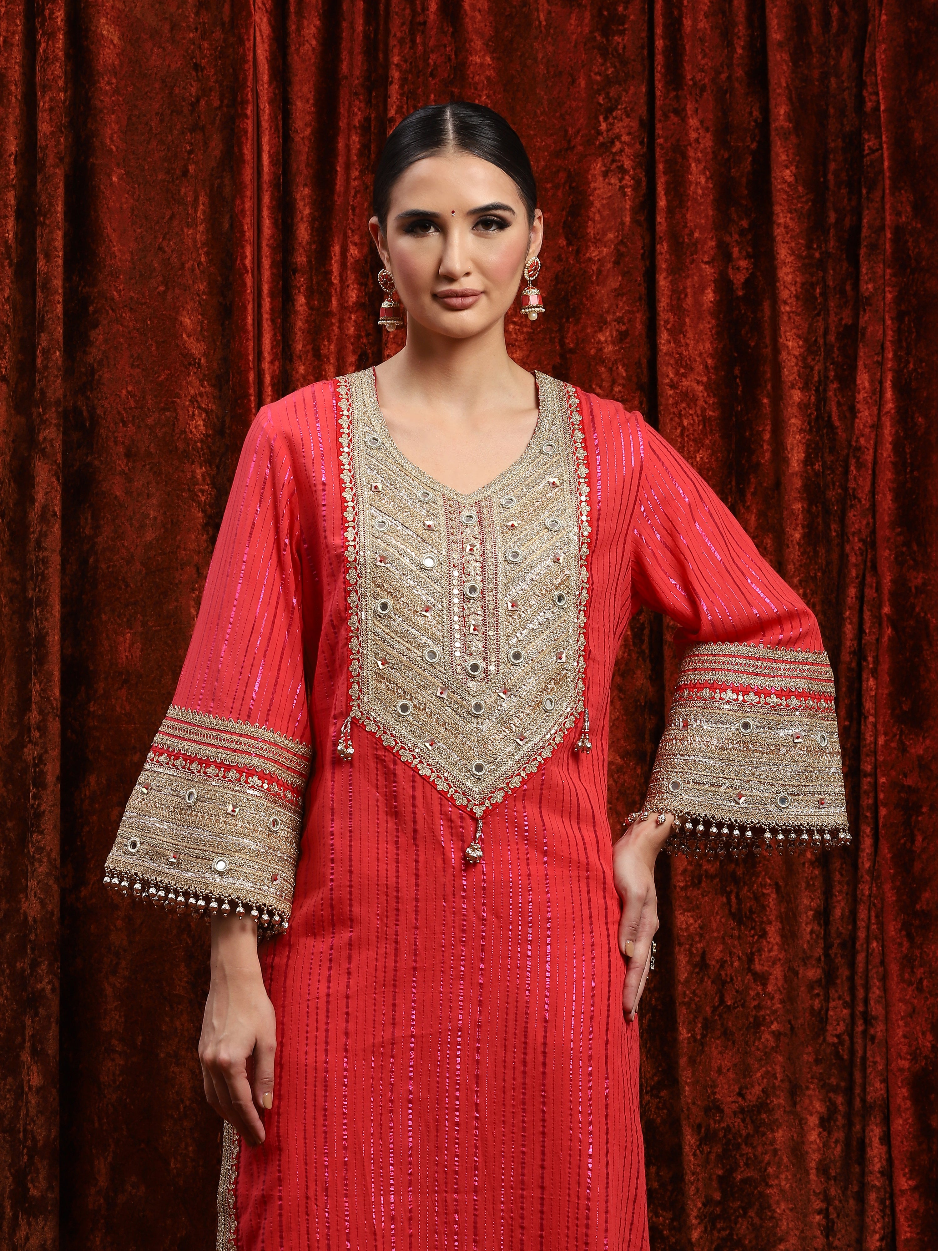 Watermelon Red & Red Kurta Pant Dupatta Set