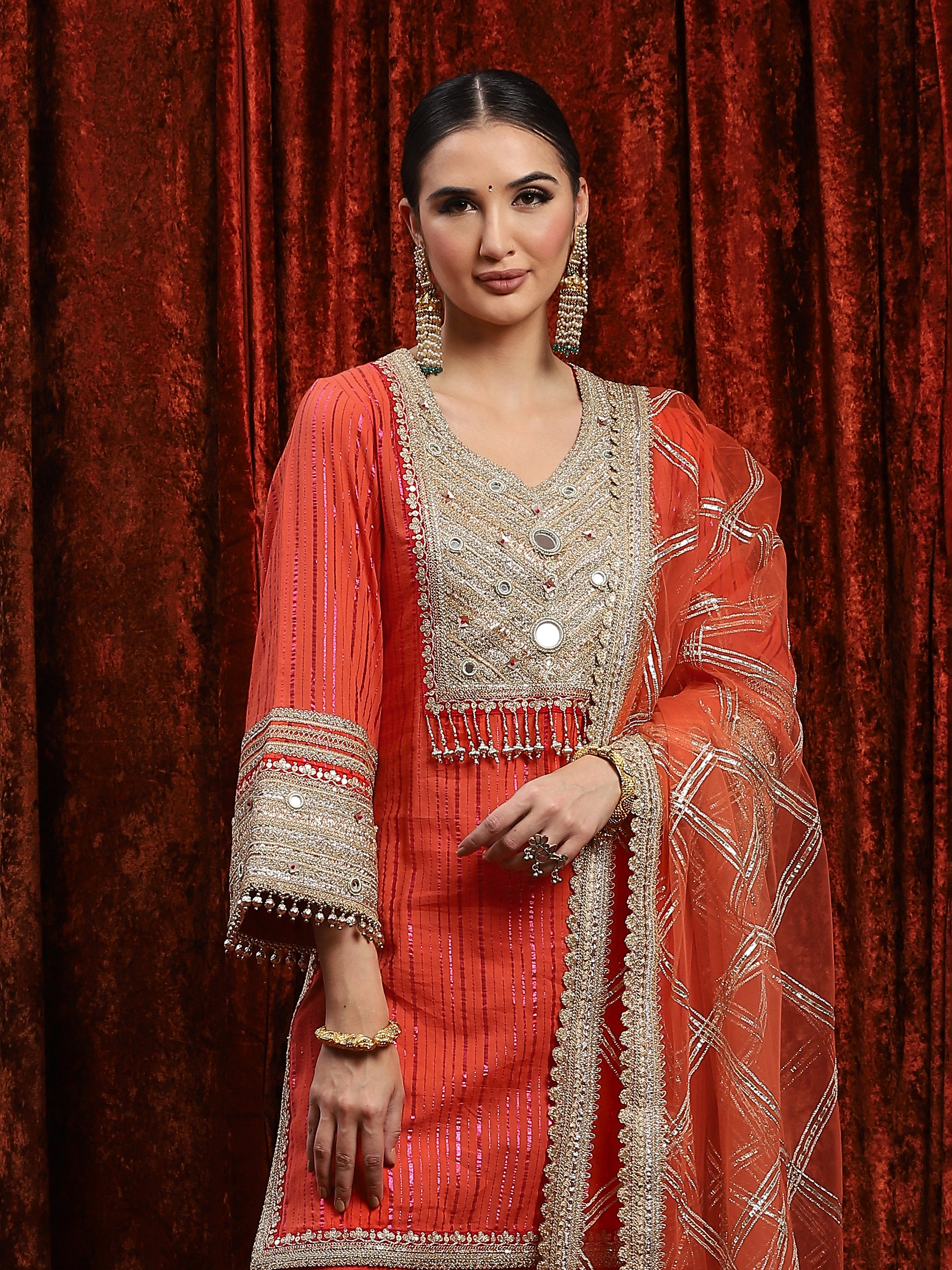 Orange & Red Kurta Kurta Pant Dupatta Set