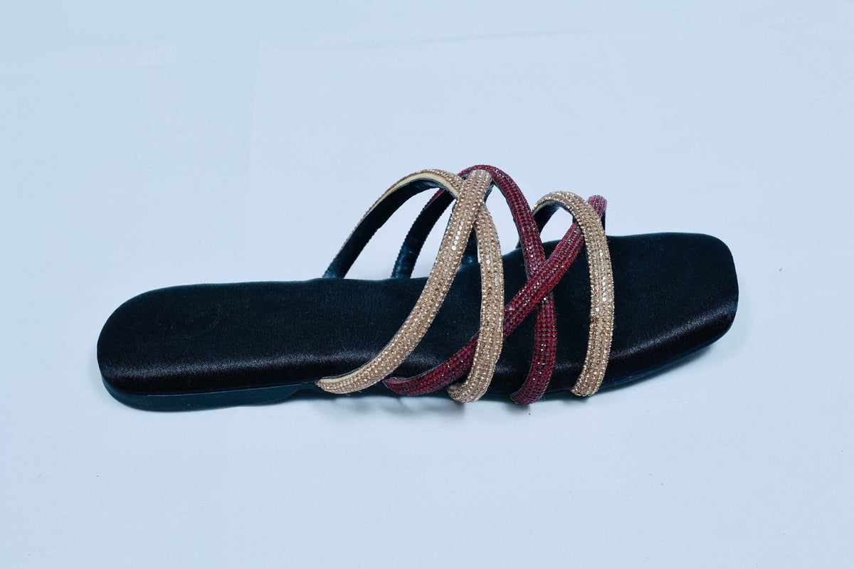Red & Black Multi string Open Toe Flats