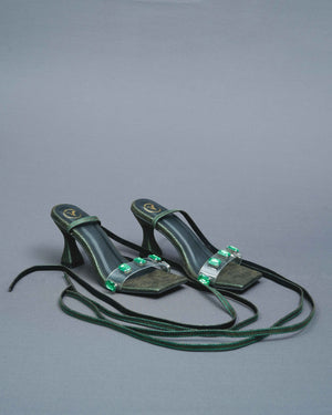 Open Toe Faux Leather Green Stones Tie Up Heels
