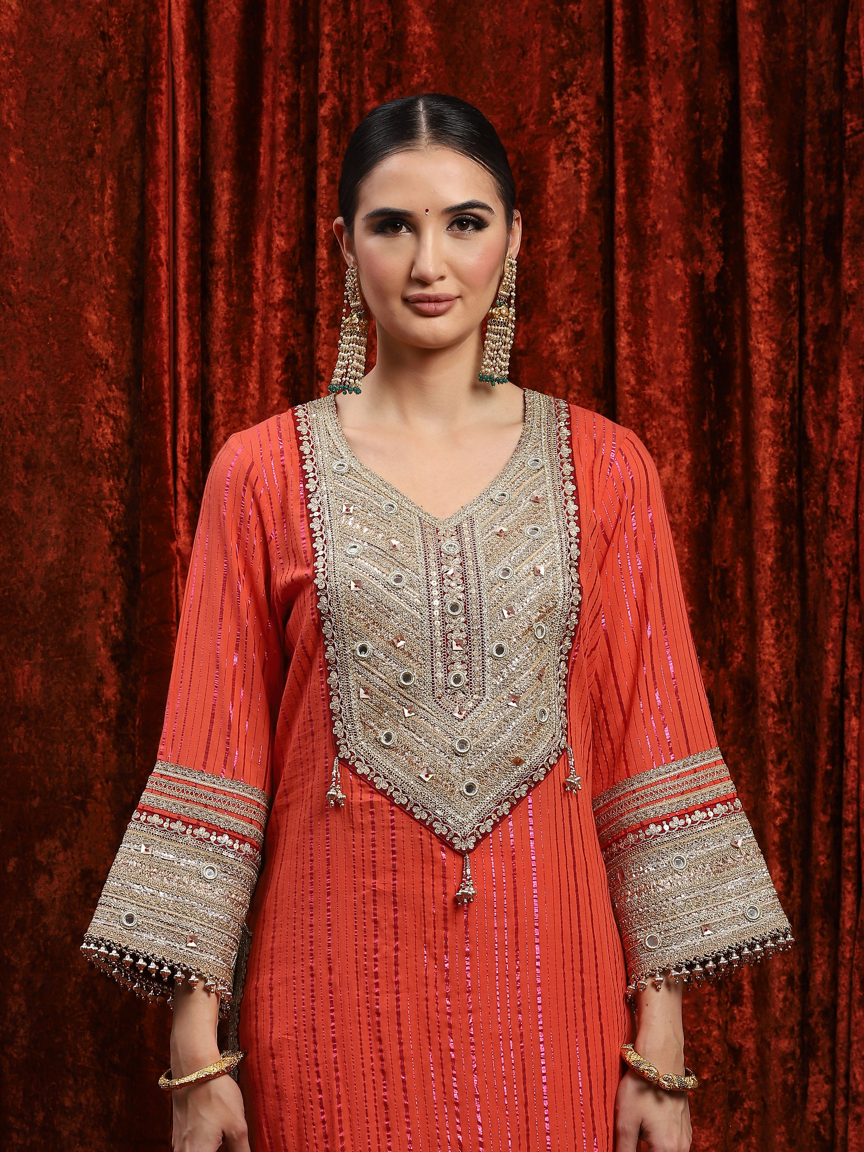 Orange & Maroon Kurta Pant Dupatta Set