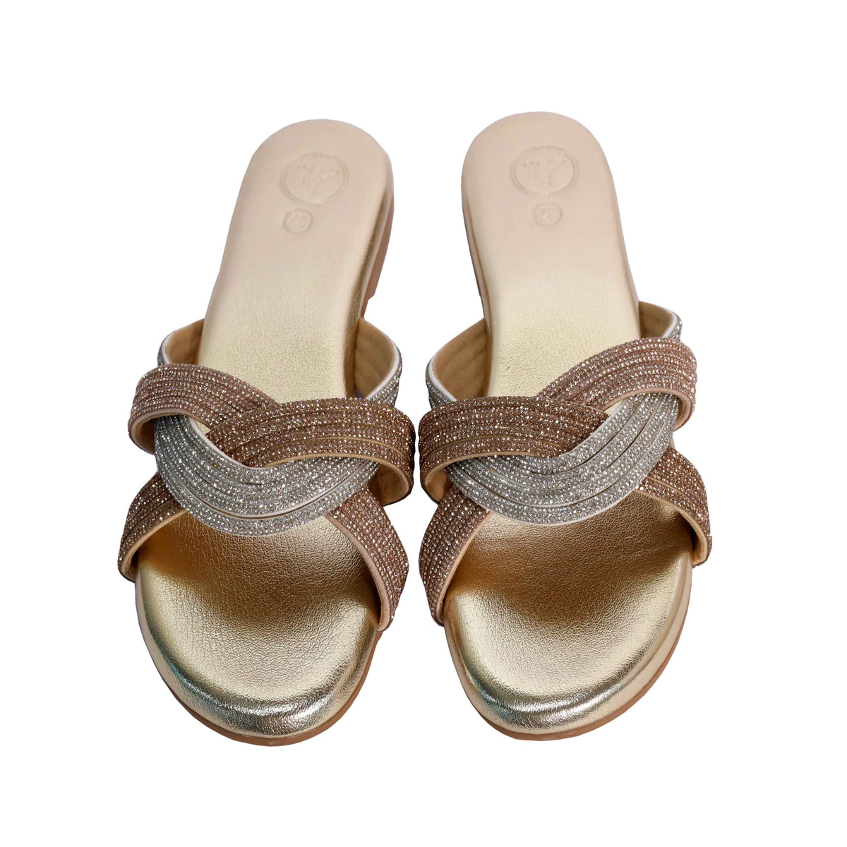 Gold Open Toe Slip on closure Trio Flats
