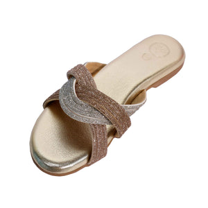 Gold Open Toe Slip on closure Trio Flats