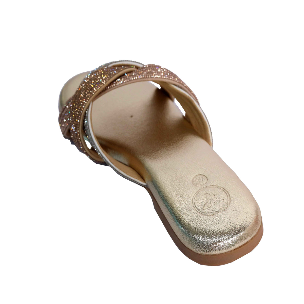 Gold Open Toe Slip on closure Trio Flats