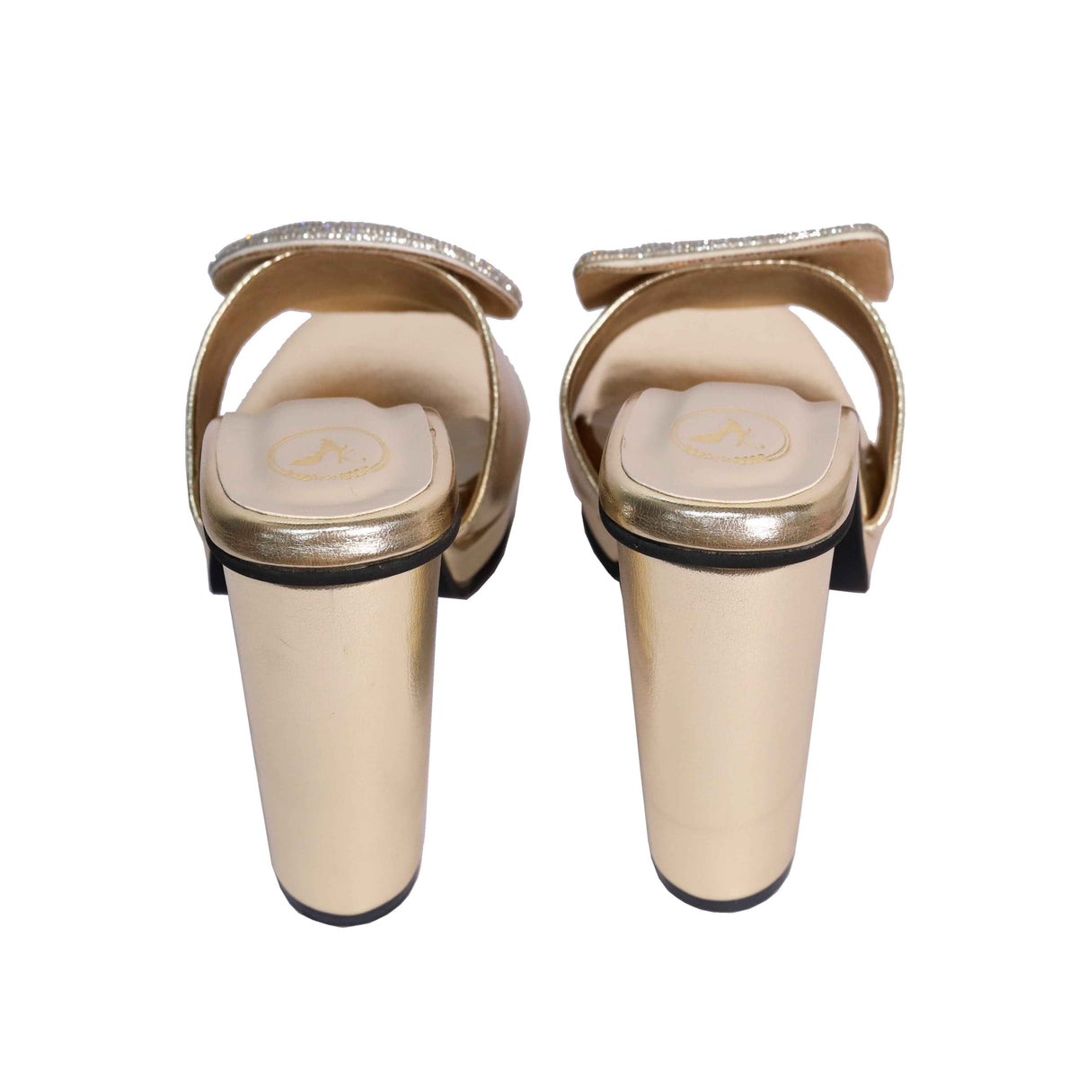 Women Open Toe Cube Globe Elevation Gold Block Heel