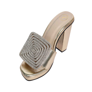 Women Open Toe Cube Globe Elevation Gold Block Heel