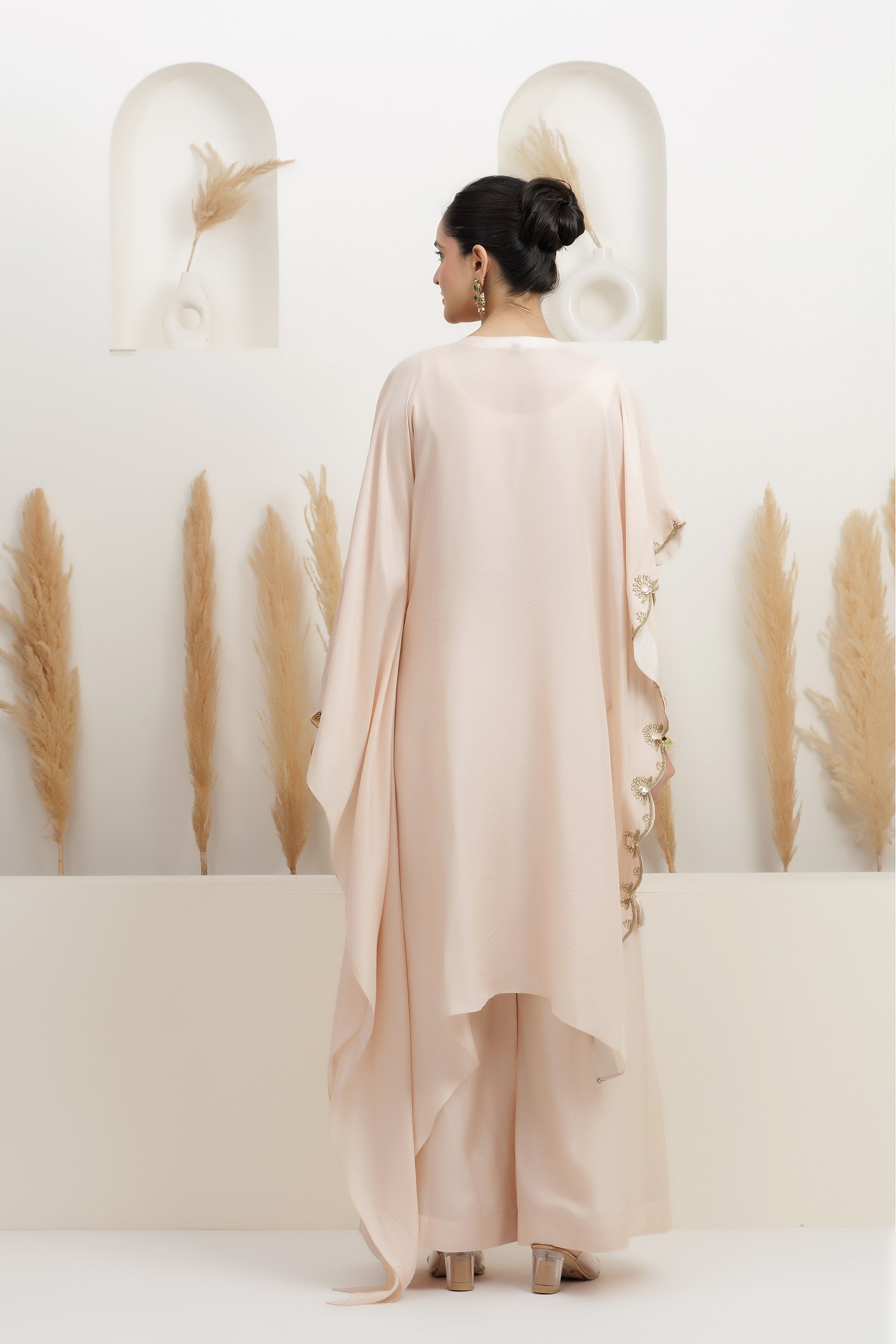 Power Pink One Side Kafttan Draped Long Cape With Palazzo Set.
