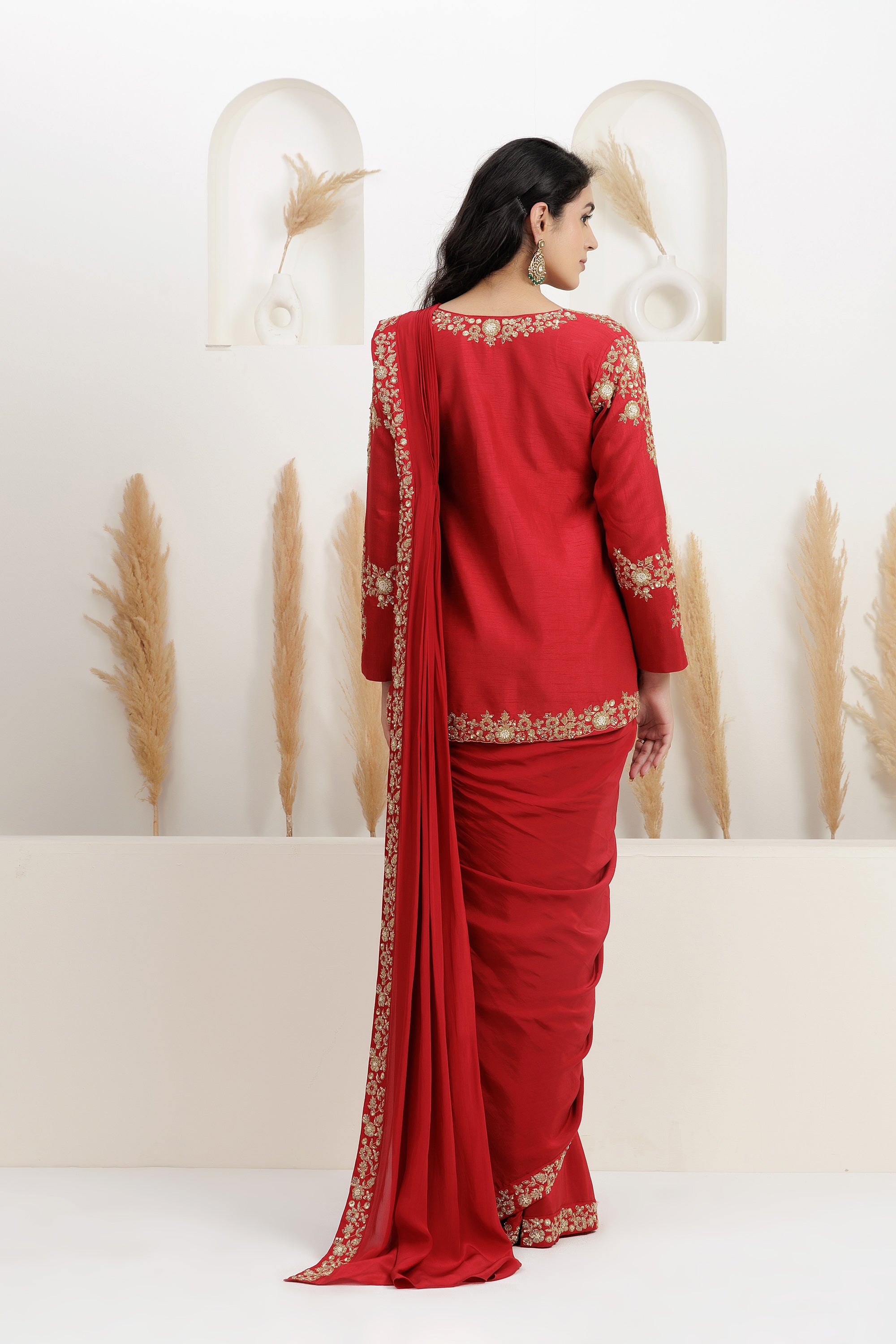 Red Crepe Draped Saree With High Low Blouse Set