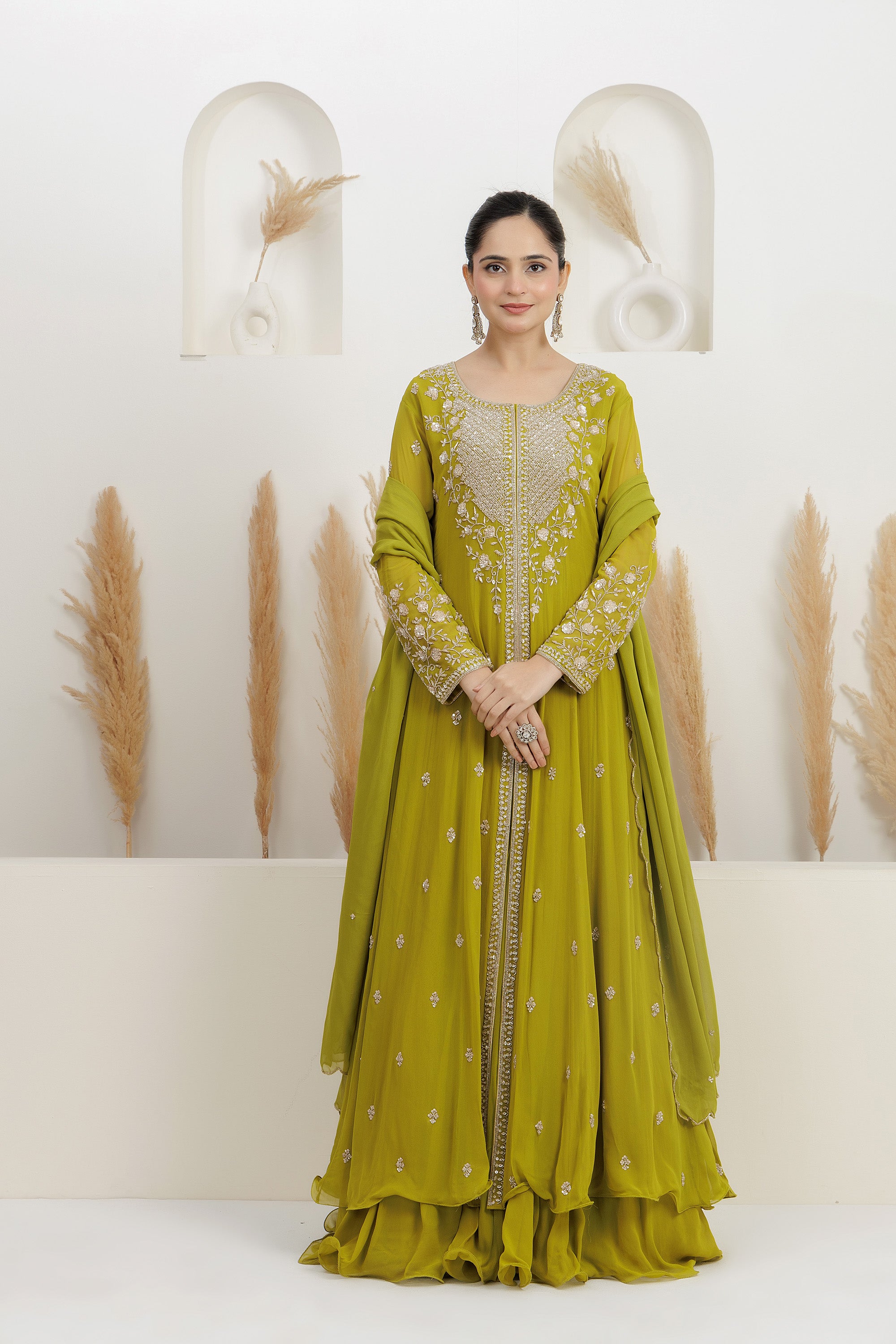 Green Georgette Embroidered Anarkali With Dupatta.